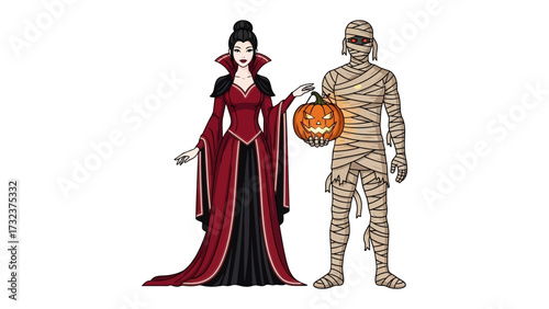 Halloween Couple: A stylish vampire and mummy pose with a glowing jack-o'-lantern for a festive Halloween illustration.