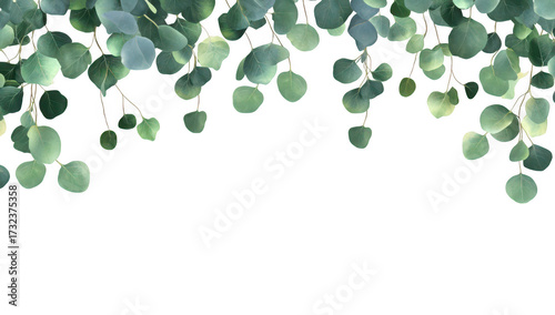 A serene arrangement of lush green eucalyptus leaves gracefully hanging from the top of the frame. set against a clean white background. perfect for nature-themed designs and invitations