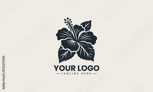 Detailed black silhouette of a beautiful tropical hibiscus flower with stamen creating a clean vector logo illustration design