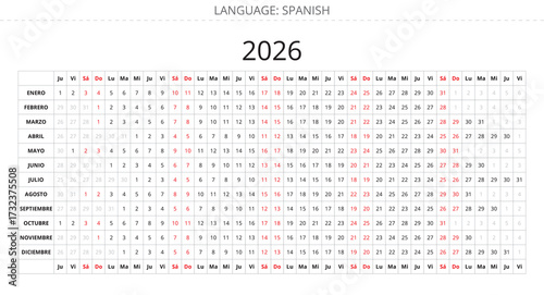 Spanish 2026 linear calendar planner. Printable vector illustration Spain