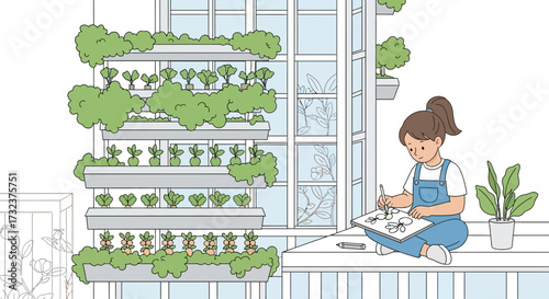 A young artist drawing flowers on a balcony with a vertical garden in the city background urban