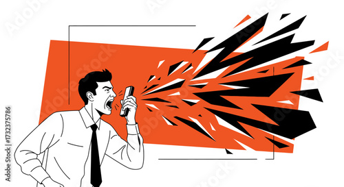 Aggressive communication through phone depicting anger frustration and conflict with a powerful