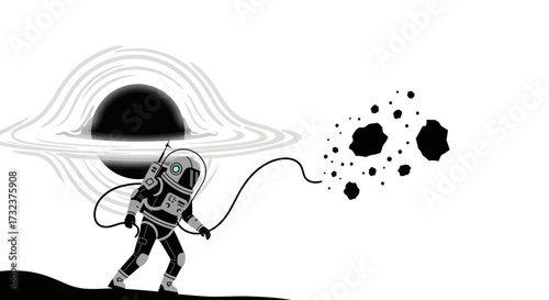 An astronaut venturing near a black hole while pulling a cluster of asteroids in space illustration