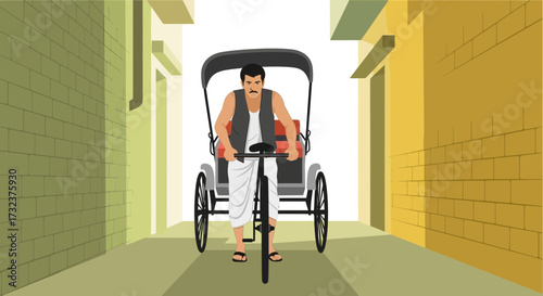 An illustration depicting a traditional rickshaw puller navigating a narrow street showcases the