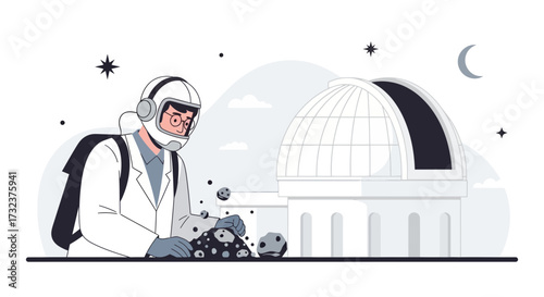 An illustration of a scientist in a space suit analyzing meteorites near an observatory