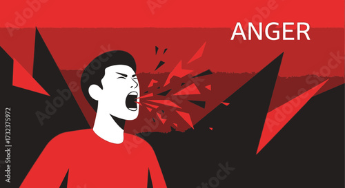 Angry man screaming with shards coming out of his mouth, a visual metaphor for uncontrollable rage