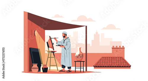 Artistic expression: a middle eastern man painting on a rooftop studio with cityscape