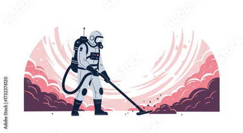Astronaut cleaning space debris on a distant planet with a vacuum cleaner illustration