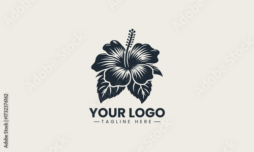Detailed black silhouette of a beautiful tropical hibiscus flower with stamen creating a clean vector logo illustration design