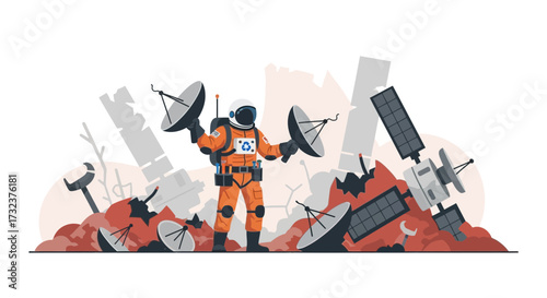 Astronaut holding satellite dishes amidst ruins a visual depiction of space exploration challenges