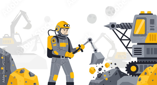 Astronaut Mining on the Moon with Heavy Machinery, Space Exploration and Resource Extraction