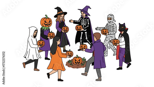 Halloween Celebration: A gathering of children, dressed in costumes, holding carved pumpkins, ready for trick-or-treating and festive fun.