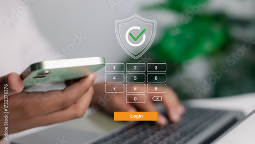 Quadro su tela Cyber security login with smartphone and laptop two factor authentication concep