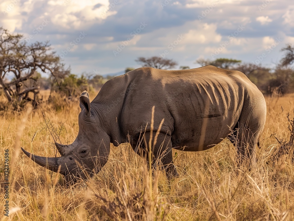 Obraz premium Majestic rhino grazing peacefully in golden savanna grasses under a dramatic sky, perfect for conservation awareness or African wildlife stories