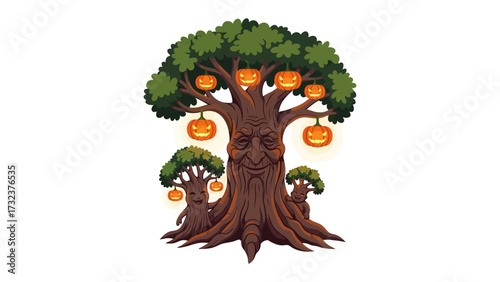 The Halloween Tree's Gathering: A whimsical, animated illustration of a Halloween tree, decorated with carved pumpkins, stands proudly with its smaller tree companions against a pure backdrop.