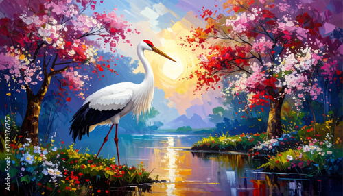 Stunning crane in serene nature landscape. Elegant crane under sunset over peaceful lake. A majestic crane in vibrant spring scenery. Crane amidst blooming trees in tranquil setting