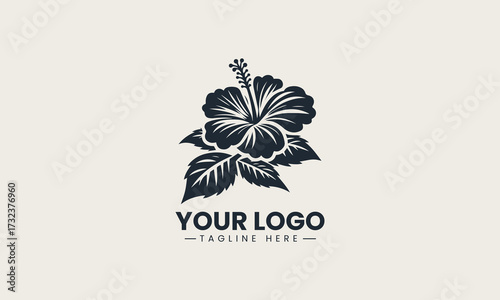 Detailed black silhouette of a beautiful tropical hibiscus flower with stamen creating a clean vector logo illustration design