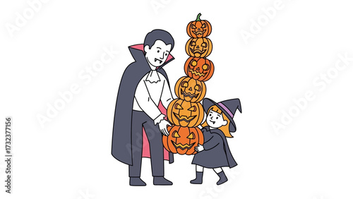Halloween Pumpkin Fun: A family dressed in spooky costumes builds a tower of carved pumpkins, evoking the fun and joy of the autumn holiday season.