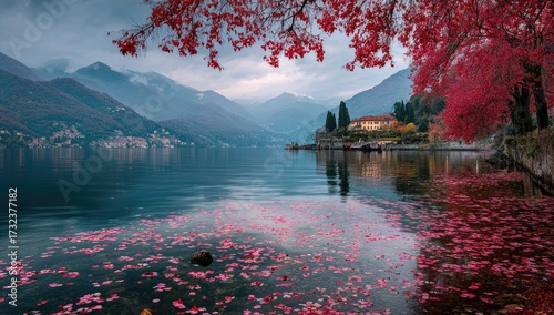 Serene lake scene with red foliage, mountains, and reflection