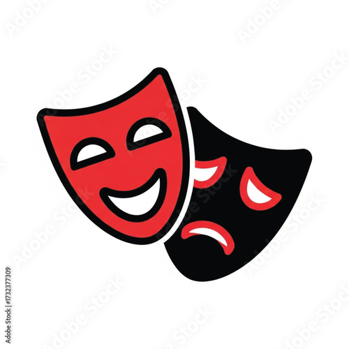 Theatre Masks Icon, Red Happy and Black Sad Comedy Tragedy Faces