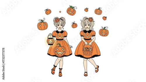 Spooky Halloween Girl: Two girls dressed in orange pumpkin attire stand amid floating carved pumpkin. captured the essence of festive season.