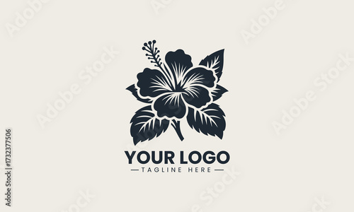 Detailed black silhouette of a beautiful tropical hibiscus flower with stamen creating a clean vector logo illustration design
