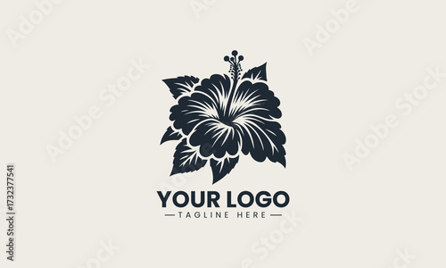 Detailed black silhouette of a beautiful tropical hibiscus flower with stamen creating a clean vector logo illustration design