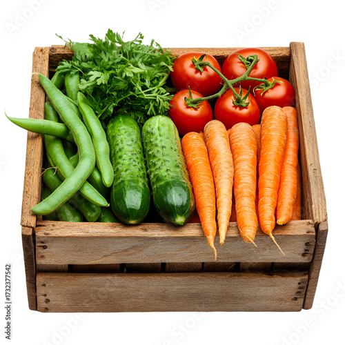 Fresh, vibrant vegetables including tomatoes, cucumbers, carrots, and green beans overflowing from a rustic wooden crate, perfect for healthy eating inspiration.