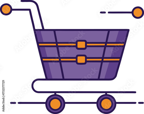 Stylized purple shopping cart icon with orange accents on white trolley commerce vector illustration EPS file download.

