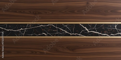 Elegant interior design detail featuring rich dark wood grain, a central band of black marble with white veining, and sophisticated golden inlay lines