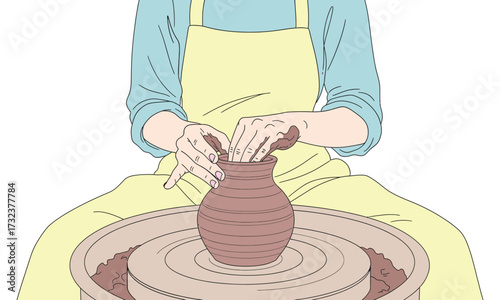 Expressive pottery shaping art with skilled hands and rustic clay on spinning wheel, showcasing creative hobby & artistic expression in studio