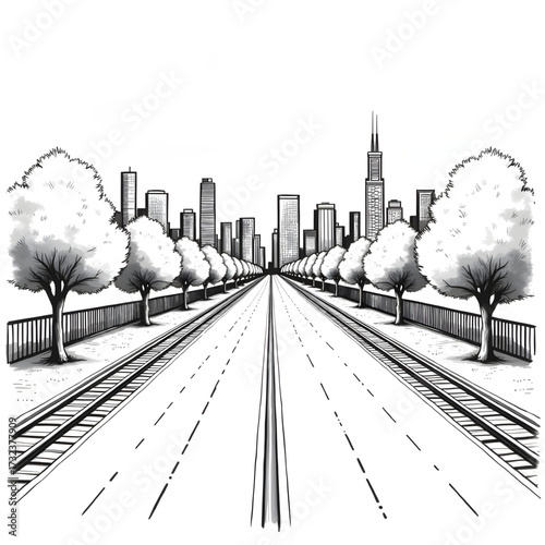 City Street Illustration: A graphic illustration showcases a vanishing point of road with city skyscrapers and buildings lined on both sides. and line of trees 