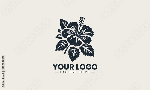 Detailed black silhouette of a beautiful tropical hibiscus flower with stamen creating a clean vector logo illustration design
