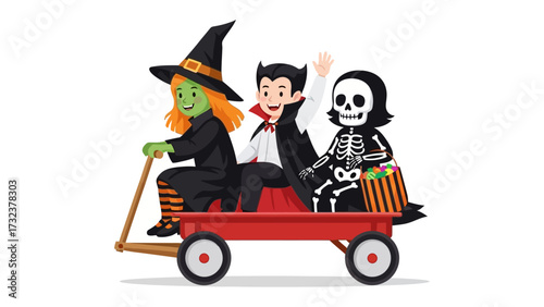 Halloween Crew's Adventure: Three costumed children in Halloween attire joyfully ride in a vibrant red wagon, embarking on an imaginative, spooky, festive, and thrilling journey.