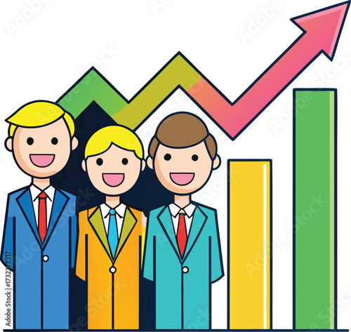 Three smiling cartoon men in suits stand before a rising graph business success vector illustration EPS file download.
