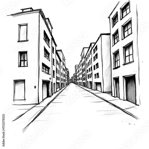 Urban Perspective: A detailed illustration captures the essence of urban life, focusing on a straight, clean street flanked by a series of modern buildings that create an interesting perspective. 