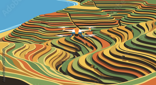 Airplane flying over colorful terraced rice fields during harvest season.