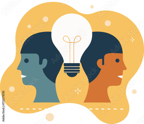 Two heads facing each other with a lightbulb in between idea face vector illustration EPS file download.

