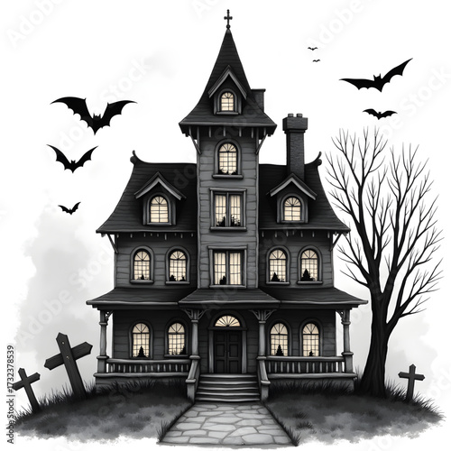 Haunted House on the Hill: A spooky illustration of a haunted house stands eerily on a hill, surrounded by barren trees, foreboding bats, and ominous crosses.