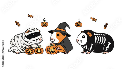 Halloween Hamsters: Whimsical cartoon hamsters, dressed in festive costumes, surrounded by pumpkins and candies for a Halloween celebration.