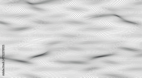 Smooth flowing vector black thin wavy line abstract  pattern on white. Water soft liquid effect, subtle surface design.