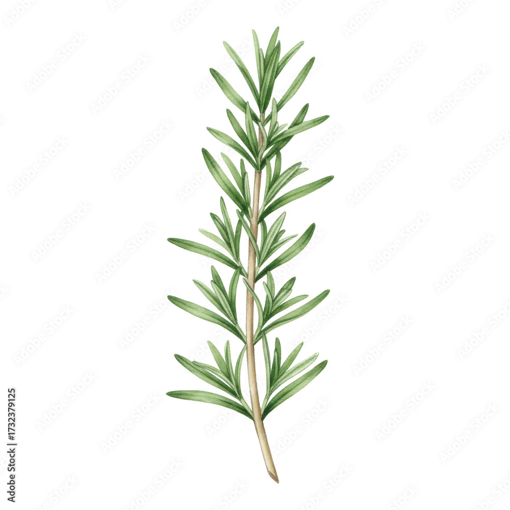 Fototapeta premium Watercolor rosemary sprig with detailed leaves and stem, culinary herb illustration isolated on white background