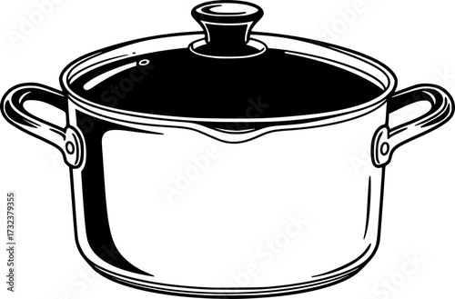 Black and white silhouette of a cooking pot with a lid isolated on white background