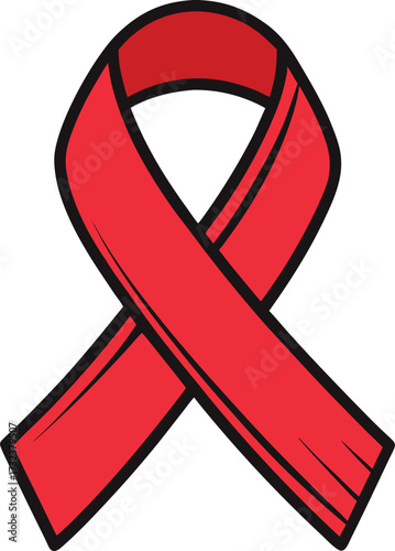 Stylized red ribbon illustration with black outline awareness symbol vector illustration EPS file download.
