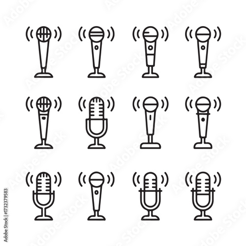 Set of microphone icons with sound wave symbols, representing audio recording and broadcasting, isolated on white background technology background