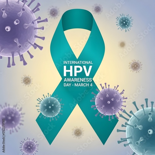 Teal hpv awareness ribbon surrounded by viruses