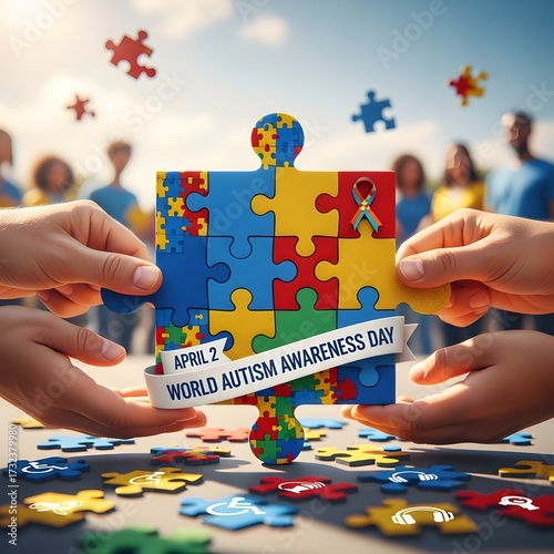 Hands assemble autism awareness puzzle pieces celebrating world autism awareness day