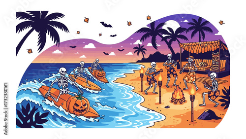 Spooky Beach Party: A vibrant illustration depicts skeletons enjoying a tropical beach scene, featuring surfing, bonfires, and a festive Halloween atmosphere.