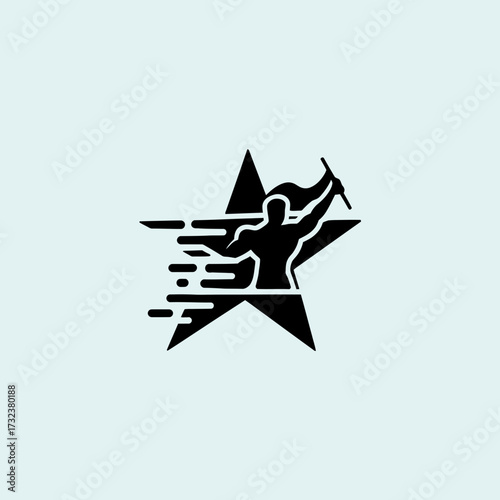 Dynamic star silhouette illustration vector graphic featuring a victorious figure waving a flag silhouette white background