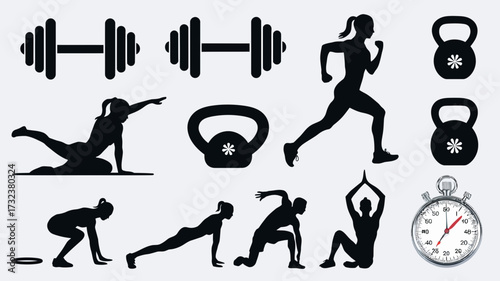 Diverse fitness and gym silhouette collection vector graphic elements for workout and exercise scenes silhouette white background